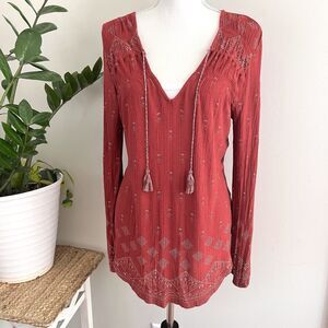 Lucky Brand Dark  Red Boho Prairie Indie Rayon Top Size Medium Festival